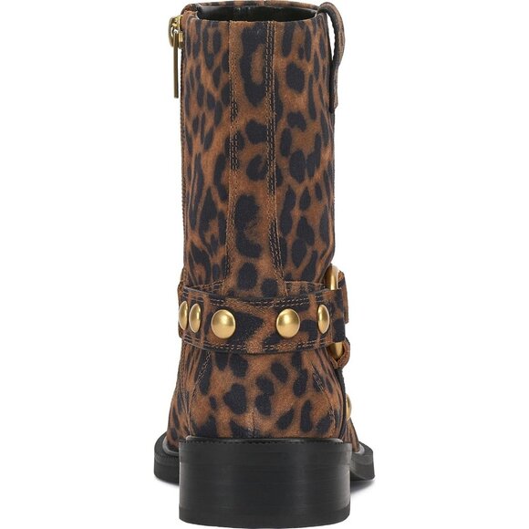 ⚡Women Leopard Print Suede Imported Pointy Toe Mid Calf Chunky Heel Biker Boot - Picture 3 of 7